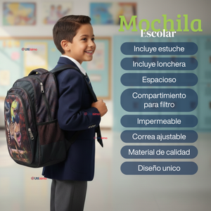 Mochila Escolar Bolso Con Efecto 3D Estuche + Lonchera 40Cm Tela Oxford Niño Dark Dinosaur