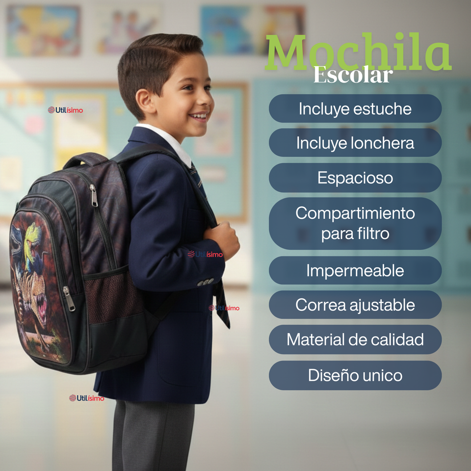 Mochila Escolar Bolso Con Efecto 3D Estuche + Lonchera 40Cm Tela Oxford Niño Dark Dinosaur