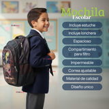 Mochila Escolar Bolso Con Efecto 3D Estuche + Lonchera 40Cm Tela Oxford Niño Dark Dinosaur