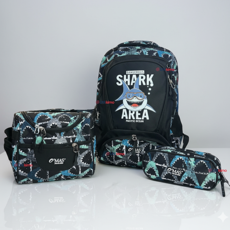 Mochila Escolar Kit Con Estuche y Lonchera 43cm Tela Oxford Baby Shark Niño