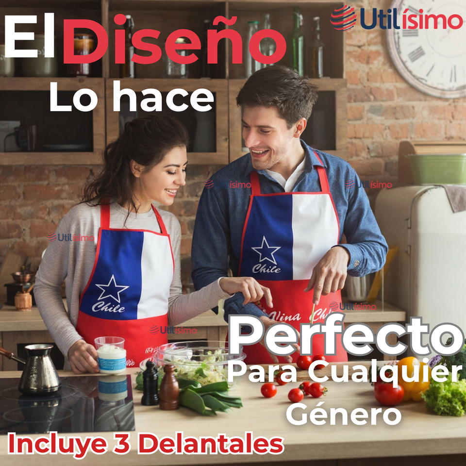 Pack 3 Delantal Cocina Fiestas Patrias Bandera Chilena 60X90 CM Viva Chile