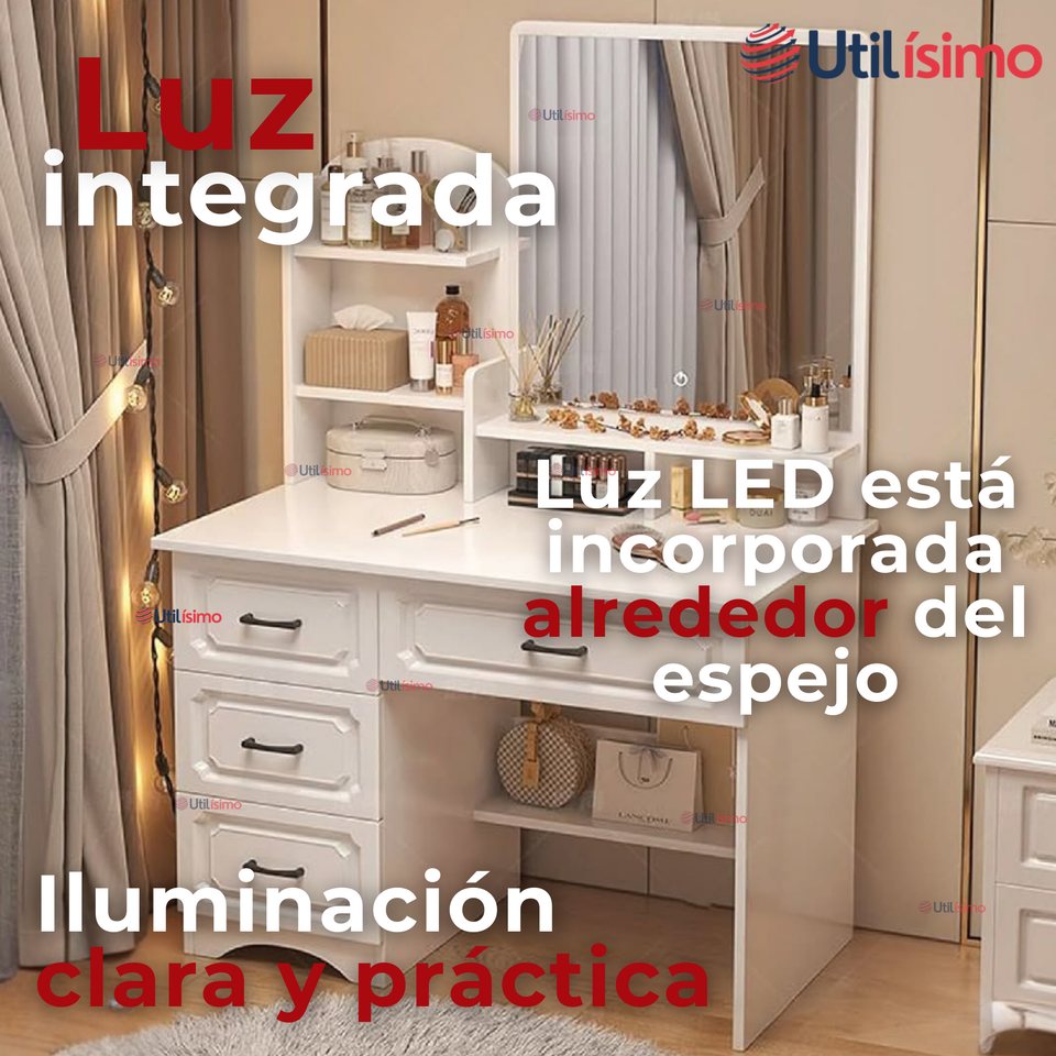 Tocador De Lujo Espejo Con Luz Integrada 4 Cajones MDF Blanco 137x80x48cm