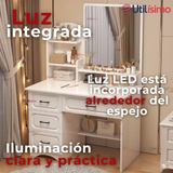 Tocador De Lujo Espejo Con Luz Integrada 4 Cajones MDF Blanco 137x80x48cm