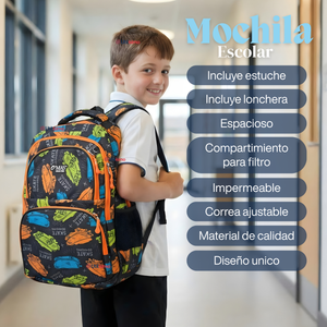 Mochila Bolso Escolar + Lonchera + Estuche 45Cm Niño Tela Oxford Skate