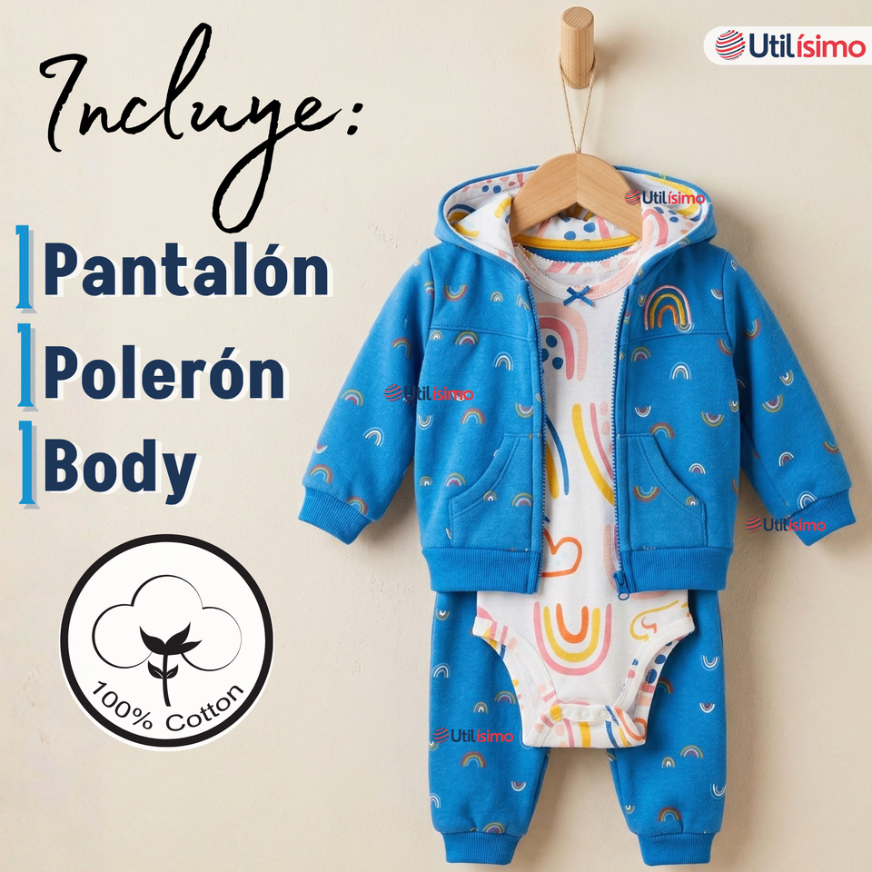 Conjunto 3 Piezas Buzo Pantalón Polerón Body De Algodón Azul Arcoiris Bebé Niña