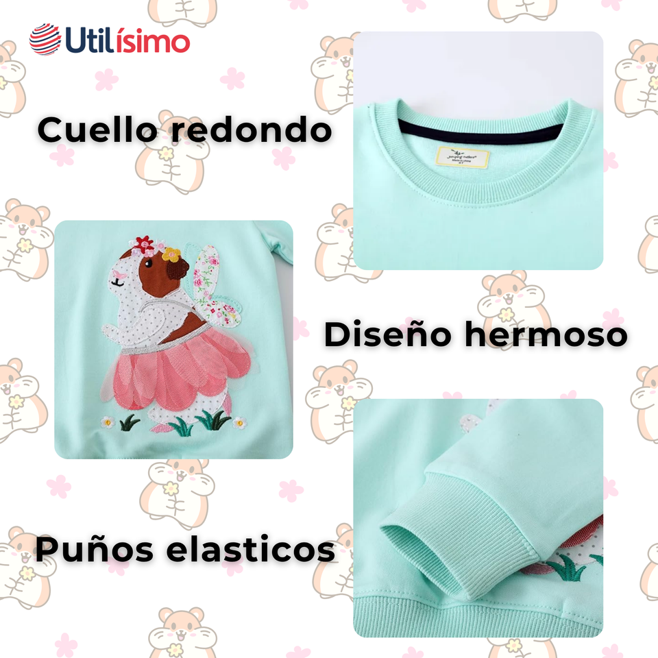 Polerón Algodón Cuello Redondo Niña Turquesa Hámster