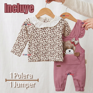 Conjunto 2 Piezas Jardinera Polera Manga Larga 100% Algodón Tedmimak Bebé Niña Jumper
