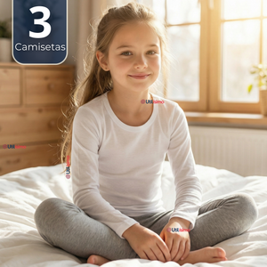 Pack 3 Camisetas Algodón Manga Larga Polera Primera Capa Blanco Niña