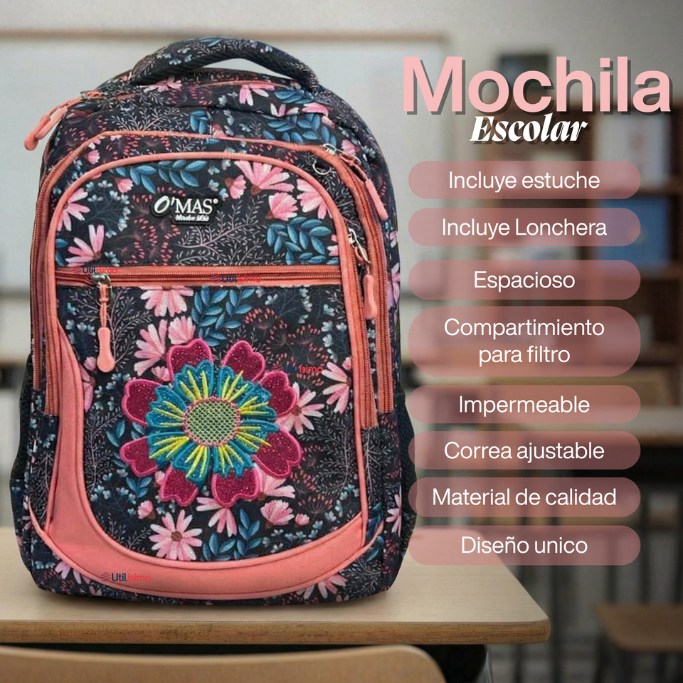 Mochila Bolso Escolar + Estuche + Lonchera 45Cm Niña Tela Oxford Night Blossom