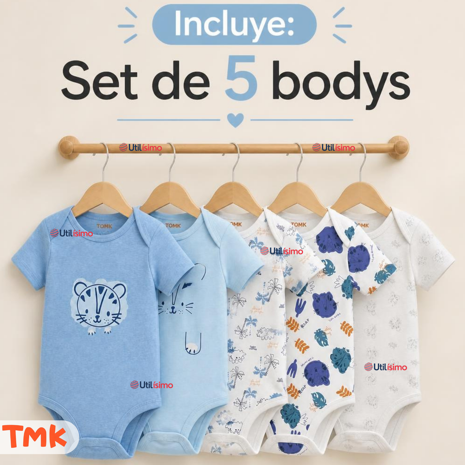 Pack 5 Bodys Manga Corta %100 Algodón Tedmimak Niño Blue Jungle