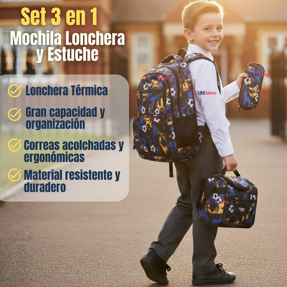 Mochila Escolar Kit Con Estuche y Lonchera 45cm Tela Oxford Futbol Niño