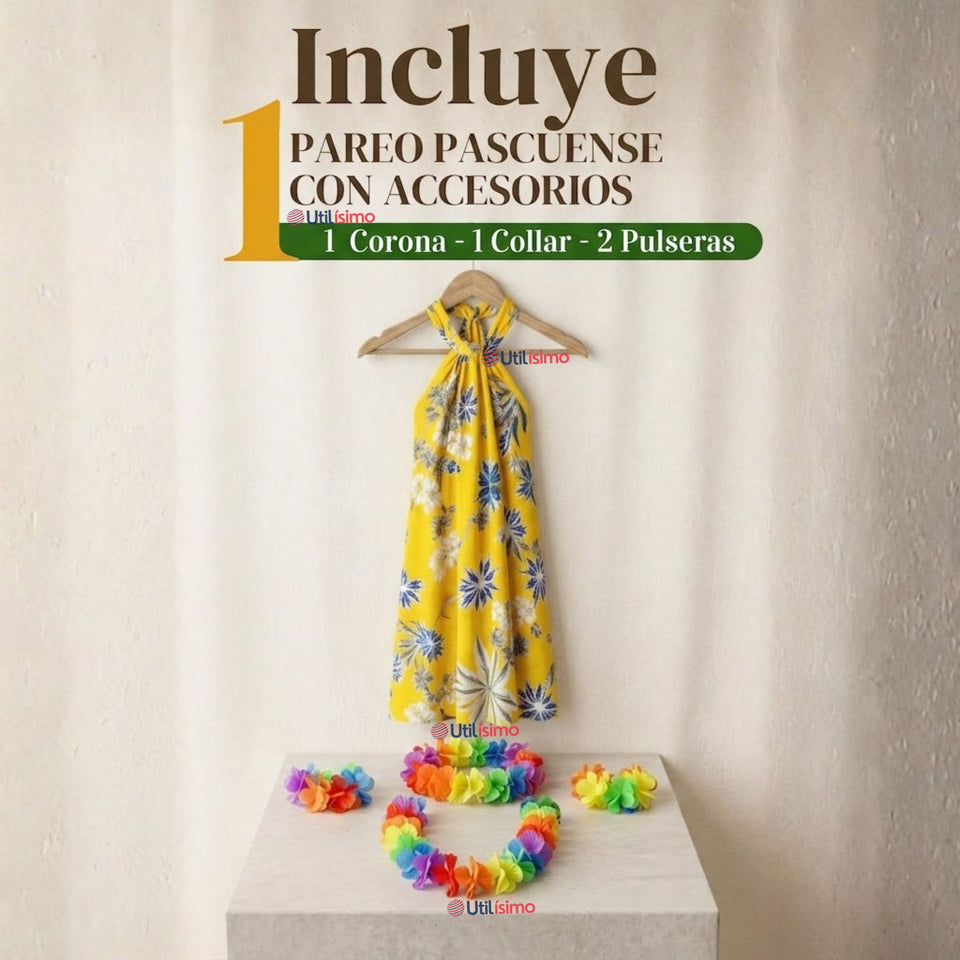 Traje Páscuense Pareo Hawaiano Amarillo Niña Con Accesorios