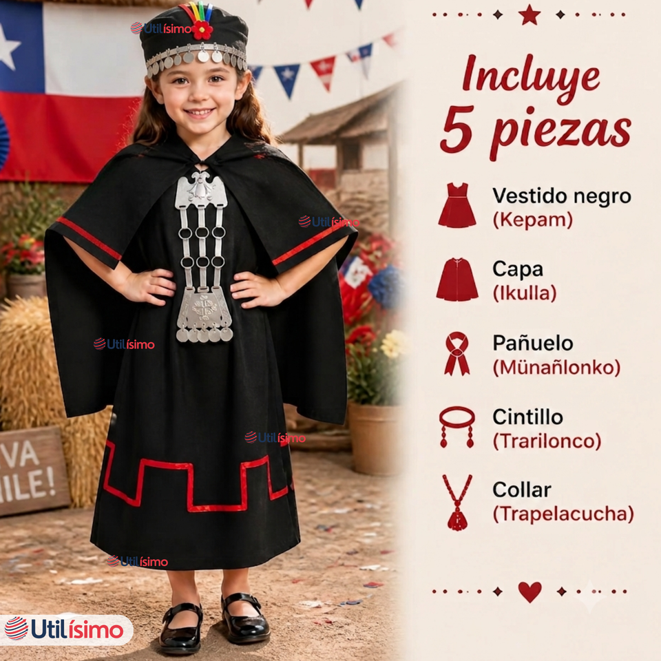 Traje Típico Vestido Mapuche Completo 5 Piezas Niña Fiestas Patrias