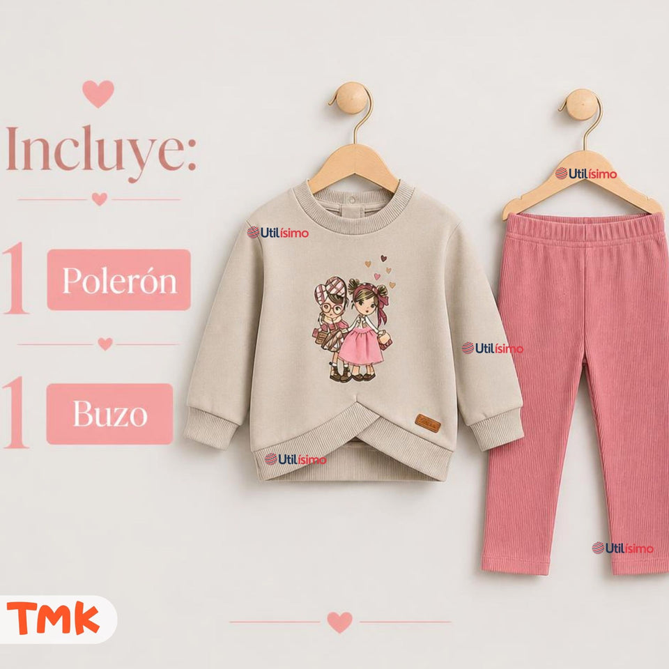 Conjunto 2 Piezas Polerón y Pantalón Buzo 100% Algodón Tedmimak Bebé Niña Pretty