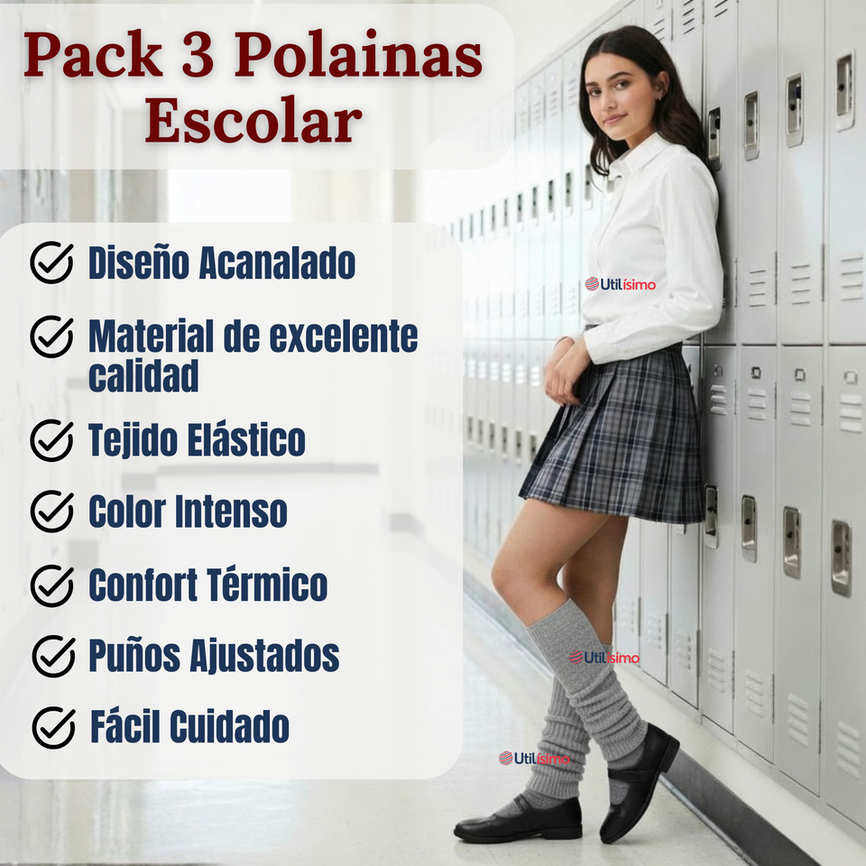Pack 3 Polainas Escolares Invierno Abrigadoras Juvenil Gris Acrílico