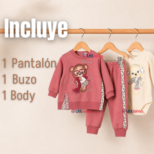 Conjunto 3 Piezas Buzo Pantalón Polerón Body De Algodón Rosado Bebé Niña