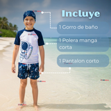 Traje De Baño 2 Piezas Con Gorro Niño 4 a 14 Años Protección Completa Astronaut