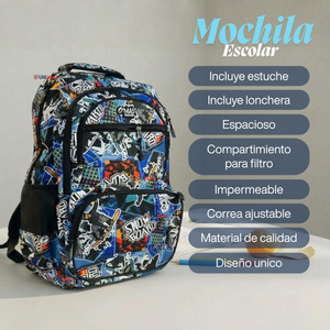 Mochila Escolar Bolso Con Estuche + Lonchera 45Cm Tela Oxford Niño Snowboard