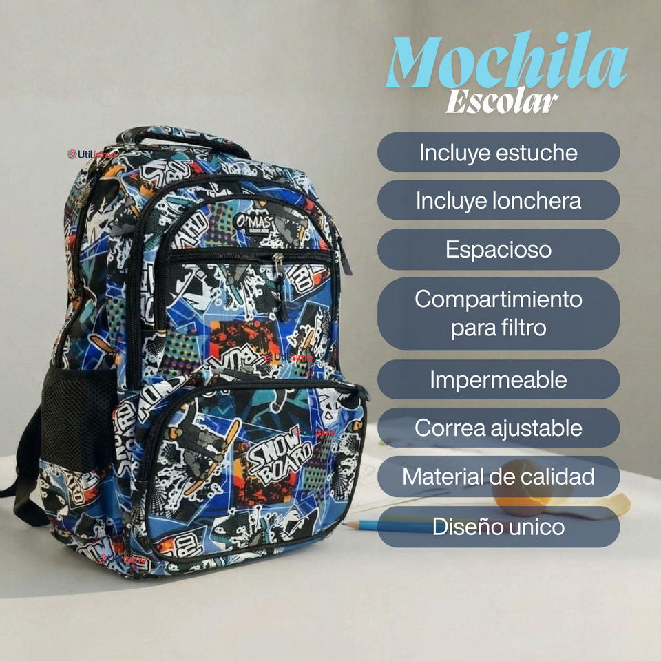 Mochila Escolar Bolso Con Estuche + Lonchera 45Cm Tela Oxford Niño Snowboard
