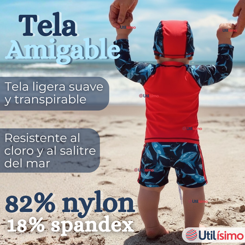 Traje de Baño Con Gorro Pantalón Corto Manga Larga 3 Piezas Corte Split Niño 1 a 5 años Red Whale