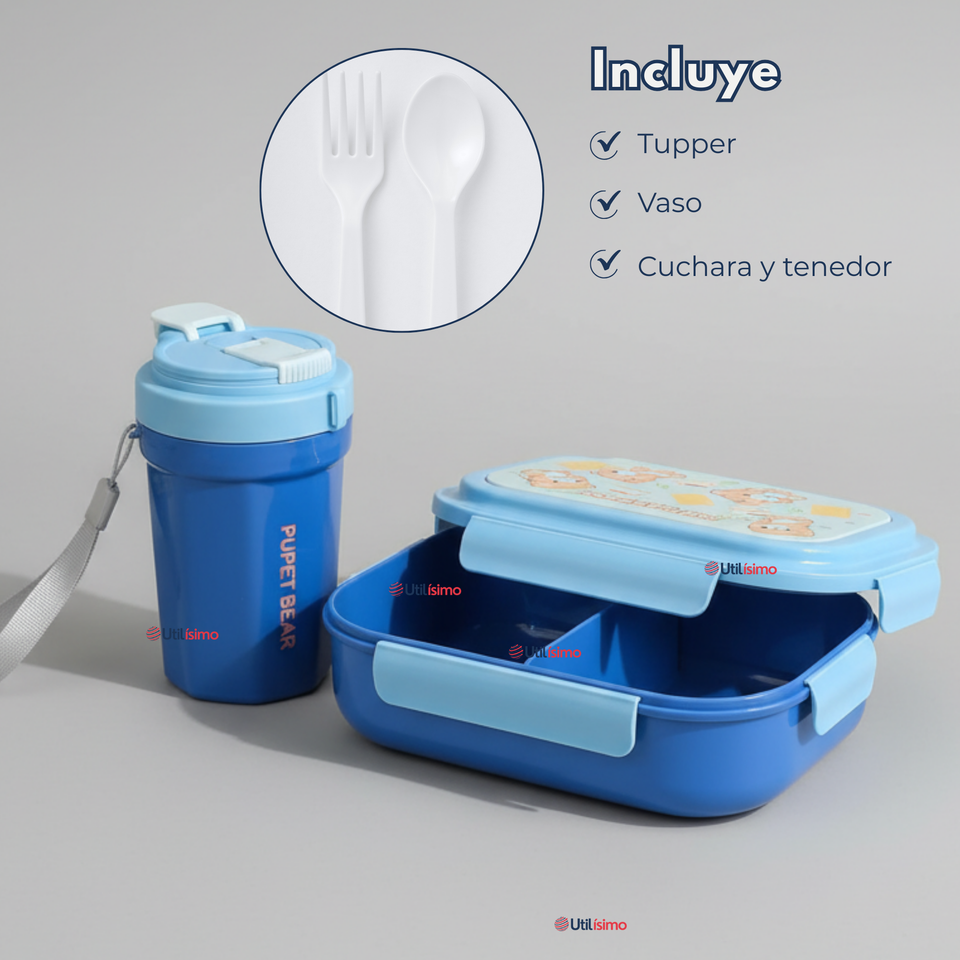 Set Fiambrera Tupper + Vaso Para Niños y Niñas Colores Varios Infantiles