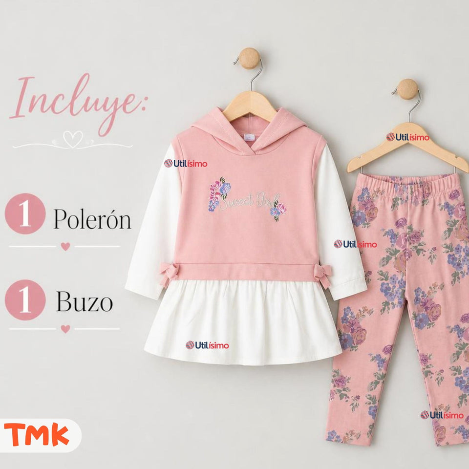 Conjunto 2 Piezas Polerón con Capucha y Pantalón 100% Algodón Niña Tedmimak Sweet flowers