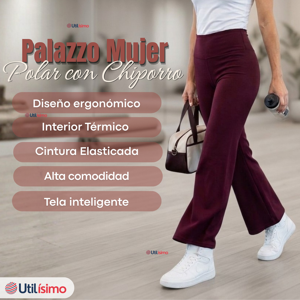 Calza Polar Con Chiporro Palazzo Mujer Elasticada Térmica Burdeo