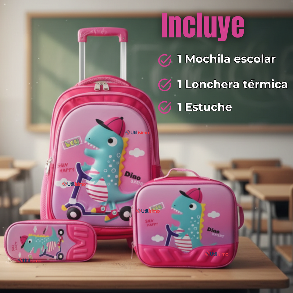 Mochila Escolar Con Ruedas + Estuche + Lonchera Poliéster Niña