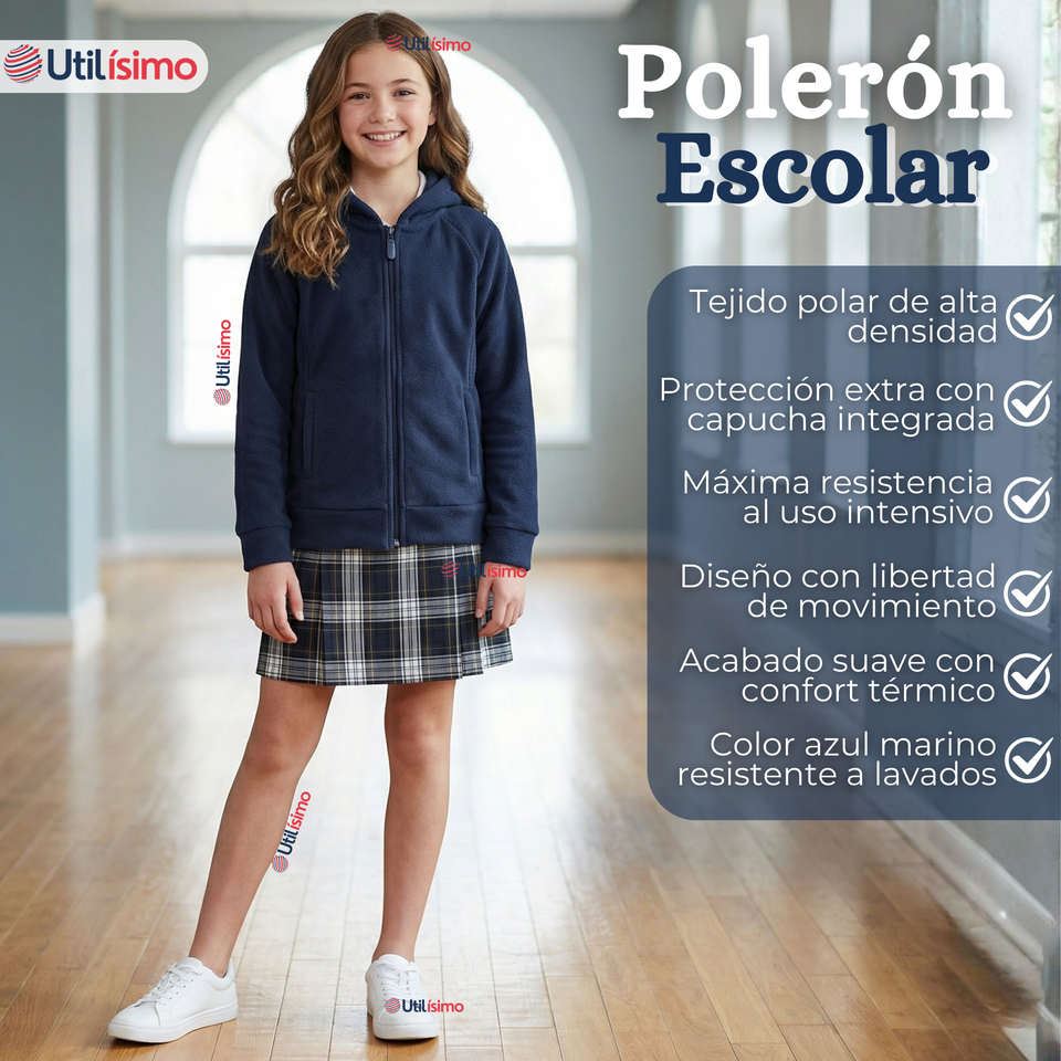 Polerón Escolar Polar Con Capucha Niña Unisex Azul 5 a 12 años