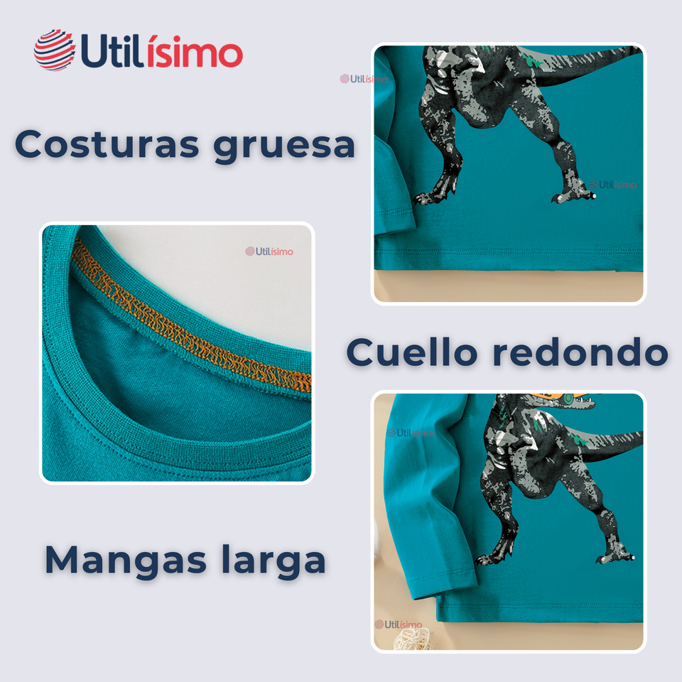 Polera Manga Larga Niño 100% Algodón Dinosaurio Verde Camiseta