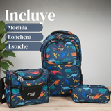Mochila Bolso Escolar + Lonchera + Estuche 45Cm Niño Tela Oxford Dinosaur