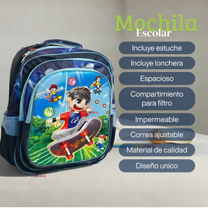 Mochila Escolar Bolso Con Efecto 3D Estuche + Lonchera 40Cm Tela Oxford Niño Skate Hero