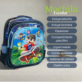 Mochila Escolar Bolso Con Efecto 3D Estuche + Lonchera 40Cm Tela Oxford Niño Skate Hero