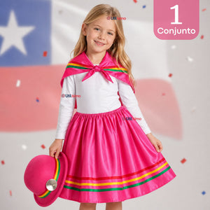Traje Nortino Niña Fucsia 4 Piezas Con Polera Baile Típico Fiestas Patrias