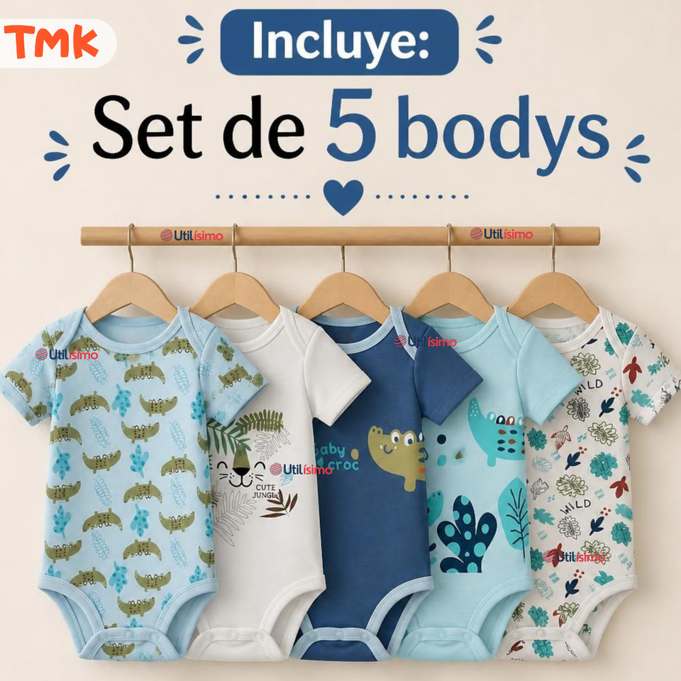 Pack 5 Bodys Manga Corta %100 Algodón Tedmimak Niño Blue Croc Jungle