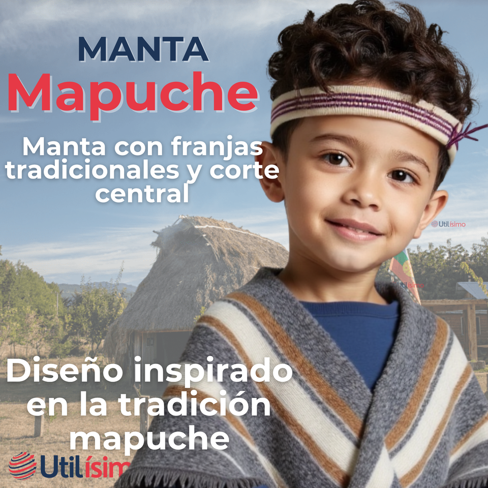 Set Poncho Manta Mapuche LANA GRUESO 85x55CM +TRARILONCO CINTILLO MAPUCHE 87CM Fiestas Patrias