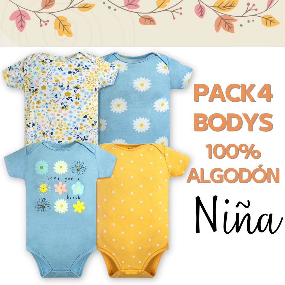 Pack 4 Bodys Niña Manga Corta Tedmimak 100% Algodón Girasoles Amarillo