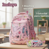 Mochila Escolar Con Estuche 43cm Tela Oxford Impermeable Niña