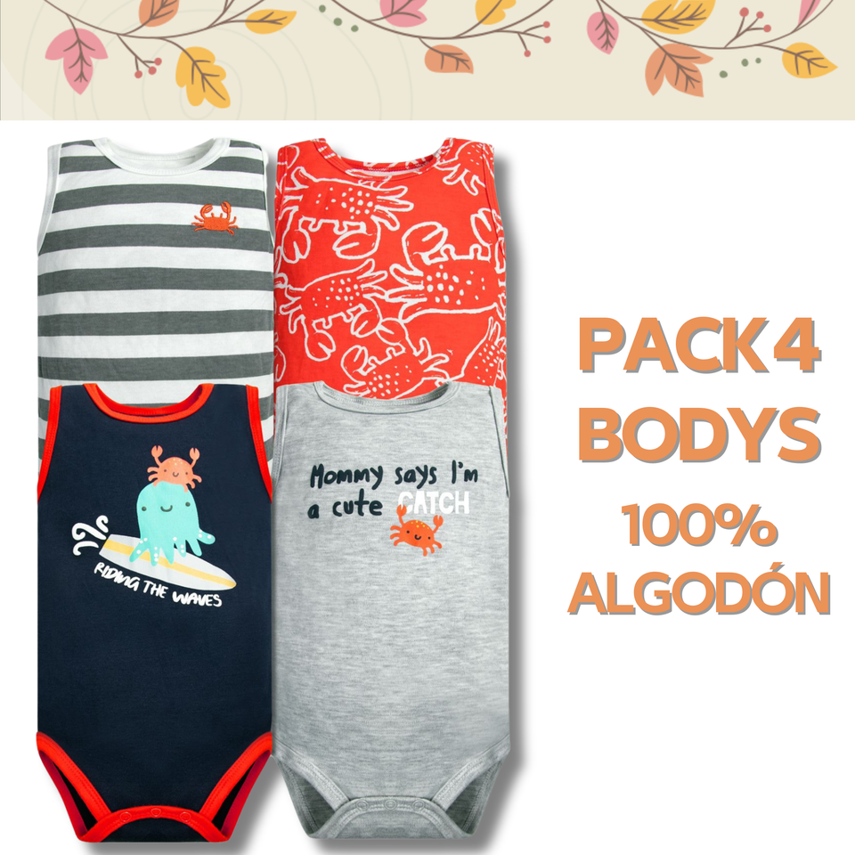 Pack 4 Bodys Niño Sin Manga Tedmimak 100% Algodón Cangrejo Rojo