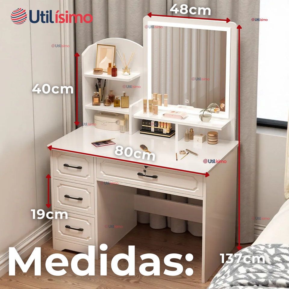 Tocador De Lujo Espejo Con Luz Integrada 4 Cajones MDF Blanco 137x80x48cm