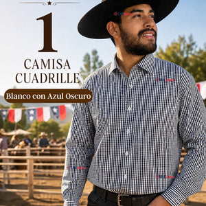 Camisa Cuadrille Huaso Hombre Blanco Azul  Regular Fit Fiestas Patrias
