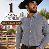 Camisa Cuadrille Huaso Hombre Blanco Azul  Regular Fit Fiestas Patrias