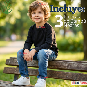 Pack 3 Poleras Camisetas Bambú Negra Cuello Redondo Primera Capa Manga Larga Niño