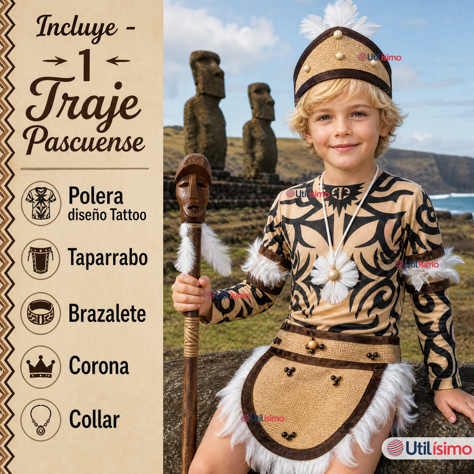 Traje Pascuense Completo 5 Piezas Polera Tatuajes NIño Rapa Nui Fiestas Patrias