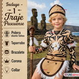 Traje Pascuense Completo 5 Piezas Polera Tatuajes NIño Rapa Nui Fiestas Patrias