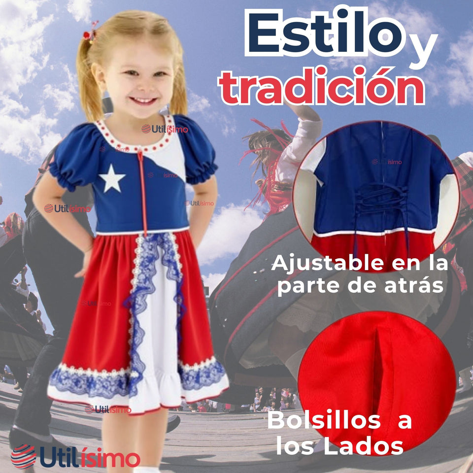 Vestido Huasa Niña Bandera Chilena Fiestas Patrias