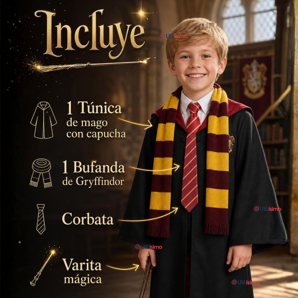 Disfraz Harry Potter Con Capa + Bufanda + Corbata + Varita Gryffindor Niño y Niña