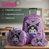 Mochila Kuromi Escolar Con Ruedas + Estuche + Lonchera Desmontable Poliéster Lila Niña