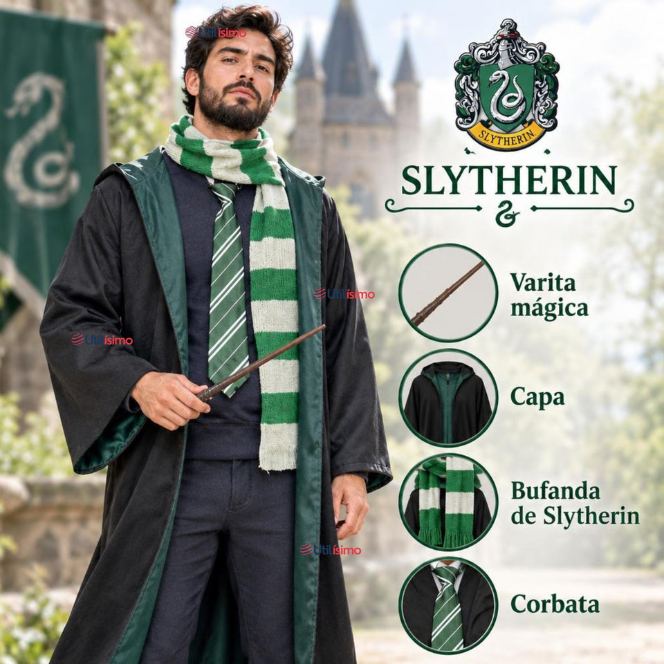 Disfraz Mago Verde Con Capa + Bufanda + Corbata + Varita Slytherin Adulto