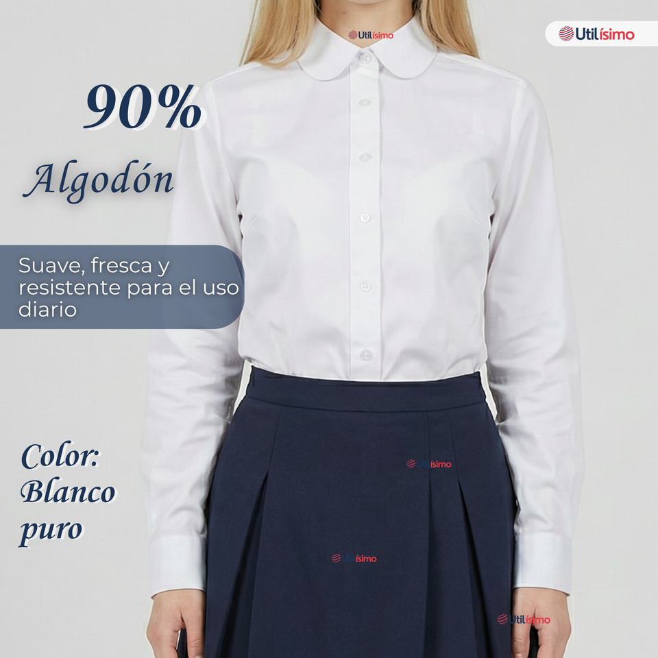 Pack 3 Camisas Blusas Escolares Blanca Manga Larga Colegio Para Niñas y Juvenil
